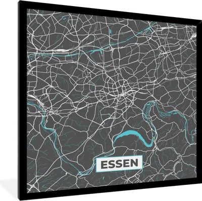 Produktbild von MuchoWow® Gerahmtes Poster Karte - Essen - Blau - Stadtplan - Deutschland 40x40 cm - Poster mit Schwarzem Bilderrahmen Wandposter Rahmen Foto Bilder - Mit Rahmen - Wanddekoration Schlafzimmer