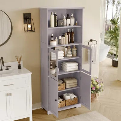 Image de OKWISH Meuble de Salle de Bain avec 4 Portes et Étagères Ouvertes - 57,5x28,5x160 cm - Gris