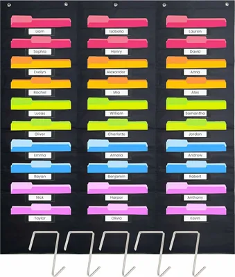 Immagine prodotto di Cartella portaoggetti resistente per l'aula con 30 tasche porta nome, 5 appendini inclusi, organizer per cartelle, compiti e file da appendere a parete (nero)