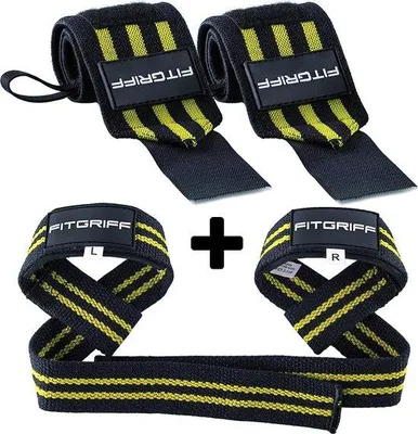 Produktbild von Famanu Set Handgelenkbandagen + Hebebänder - für Fitness, Krafttraining und Bodybuilding - schwarz
