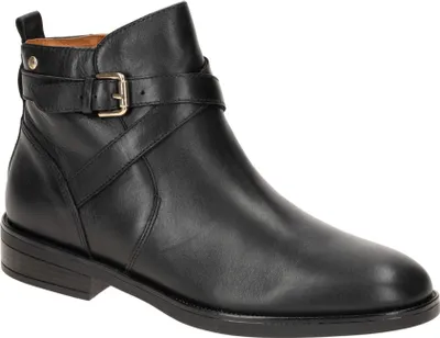 A black leather ankle boot with a strap and buckle detail.