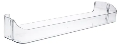 A clear plastic refrigerator door shelf photographed against a white background.