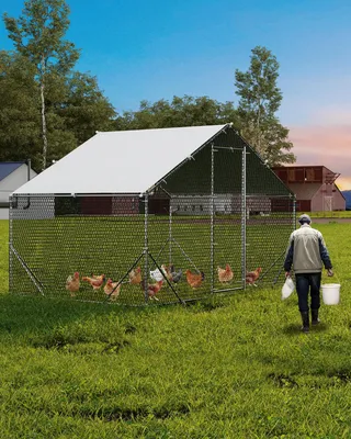 Produktbild von Begehbares Hühnergehege 300 x 400 x 200 cm, Geflügelgehege aus verzinktem Stahl mit UV- & wasserdichter PE-Abdeckung, Hühnerauslauf für Garten