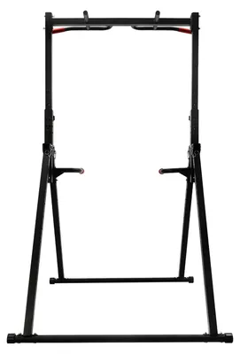 Immagine prodotto di Stazione per trazioni regolabile, autoportante, per l'allenamento domestico. Capacità di carico: 200 kg. Altezza: 1,75–2,3 m. Struttura a telaio triangolare. Colore: nero