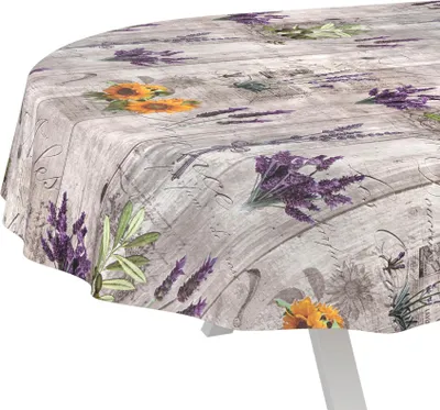 Produktbild von Tischdecke wasserabweisend abwaschbar Grau Oval 160x140cm Shabby Chic Provence Lavendel Wachstuch Gartentischdecke