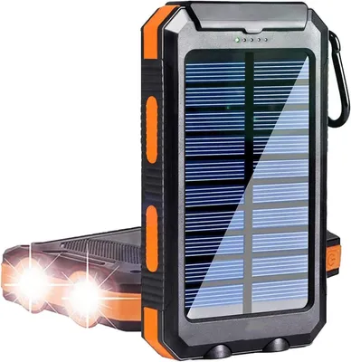Produktbild von Solar Powerbank, 26800mAh Solarladegerät, USB C Externer Akku mit 4 Outputs, Telefonhalter, Compass, Doppeltaschenlampe Wasserdicht, Orange