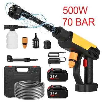 Zdjęcie produktu dla Myjka wysokociśnieniowa elektryczna - pistolet wodny - 500 W - 70 bar - 21 V - 2 akumulatory - do czyszczenia samochodów i ogrodów