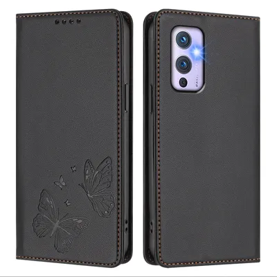 Image de Étui en cuir pour OnePlus 9, motif papillon, étui à rabat avec porte-appareil, noir
