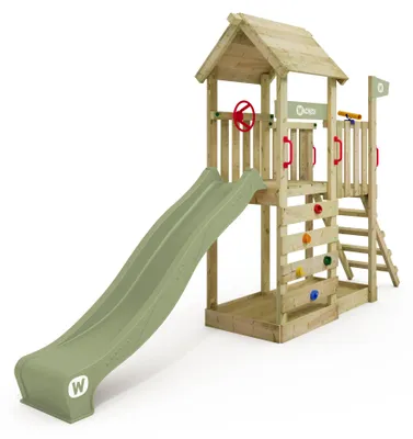 Produktbild von Spielturm Wickey JoyFlyer mit Rutsche, aus Holz für den Garten, pastellgrün