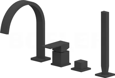 Produktbild von BOFLER Design 4-Loch Wannenrandarmatur "QUADRO", Hebelmischer, eckig, Umsteller, Schwallauslauf, Handbrause, Brausehalter, Messing, matt schwarz