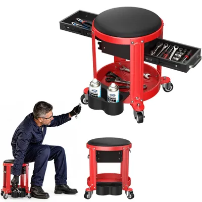 Image de Tabouret d'atelier ROSEJANE sur roulettes, avec 2 tiroirs et étagère à outils, capacité de charge de 150 kg, tabouret pivotant avec siège rembourré, tabouret mobile pour mécaniciens, idéal pour l'atelier et le garage, couleur noir et rouge