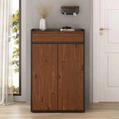 Produktbild von Schuhschrank TILO mit Schublade, Schwarz/Kastanie Finish – moderner Schrank mit Fronten aus Kiefer Massivholz, 4 Einlegeböden für ca. 14 Paar Schuhe, stabile Metallschienen, pflegeleichte Oberfläche