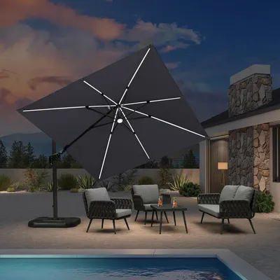 Produktbild von PURPLE LEAF Ampelschirm 300 x 300 cm Sonnenschirm mit LED Beleuchtung, Neigbar Kippbar Gartenschirm mit Kurbel, Aluminium Gestell, 360¡ã Rotation, Hellgrau