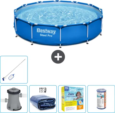 Produktbild von Bestway Round Steel Pro Swimmingpool – 366 x 76 cm – Blau – inklusive Pumpe Sonnensegel - Wartungspaket - Filter - Reinigungskit