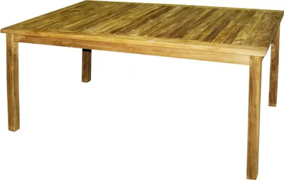 A rectangular wooden table with a slatted top and four legs, presented against a white background.