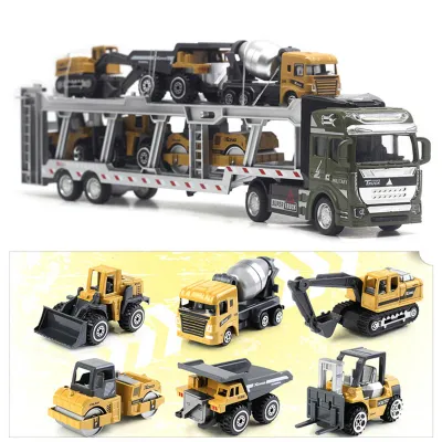 Zdjęcie produktu dla zabawka ciężarówka transportowa 7 w 1 - model ze stopu aluminium z 6 małymi maszynami budowlanymi, funkcja pull-back, 12,6 cala, zielona ciężarówka z klasyczną przyczepą budowlaną