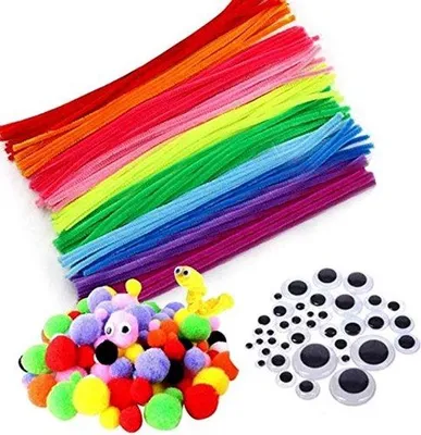 Produktbild von Kinderknutselmateriaal Set - 100 Stück - Pompons - Selbstklebende Augen - Fadentücher - Kreatives Basteln