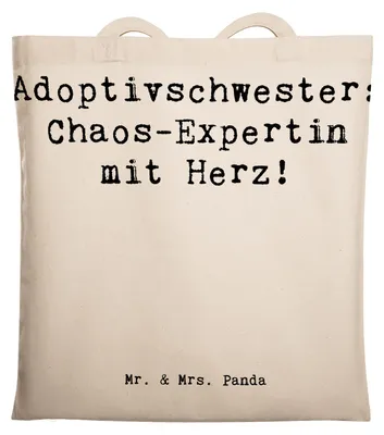 Produktbild von Mr. & Mrs. Panda Tote Bag Spruch Adoptivschwester Chaos - Transparent - Geschenk, Humor, Laptoptasche, Jutebeutel, Familie, Geschwisterliebe, Schultasche, Tasche, Liebe