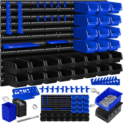 Produktbild von MASKO® Wandregal + Stapelboxen + Werkzeughalter | 45 tlg Box | Erweiterbar | Werkstattregal Lagerregal Steckregal Set Box | Sichtlagerkästen | Kleinteilemagazin | Sortimentskasten | Werkstatt |