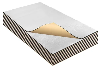 Imagen del producto de Omgoods - Alfombrilla aislante acústica, 10 unidades - Autoadhesiva - Fibra de vidrio - Material aislante térmico - Impermeable - Grosor de 10 mm - Cobertura de 0.49 m² - Material de aislamiento acústico