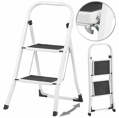 Image de Escabeau compact avec 2 marches et barre de maintien - Supporte jusqu'à 150 kg