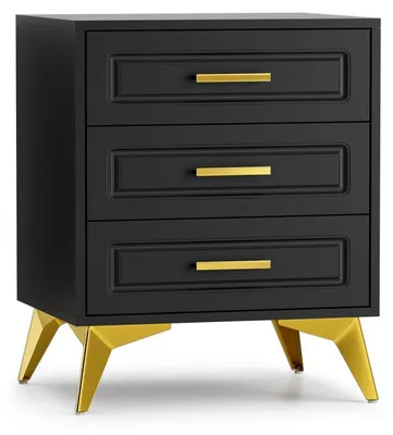 Image de Table de chevet avec 3 tiroirs, dimensions 50x40x61 cm, couleur noire, en bois. Table d'appoint pour chambre à coucher ou salon