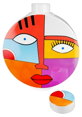 Produktbild von Deko Vase mit Gesicht Motiv - Keramikvase mit Deckel - Dekoration für Wohnzimmer und Geschenke - Mehrfarbig, Höhe 29,5 cm