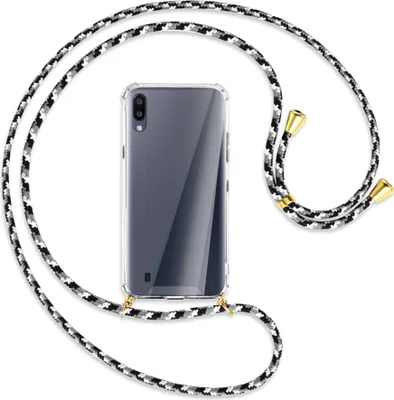 Produktbild von Handykette Backcover-Schutzhülle mit Band (Metall goldfarben) für Samsung Galaxy A10 - schwarz/grau/weiß