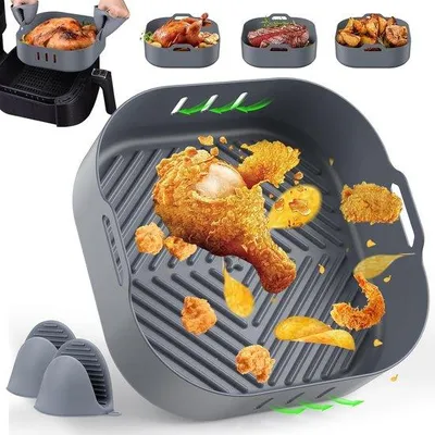 Produktbild von Famanu Silikonform für Heißluftfritteuse - 20 cm - wiederverwendbare Silikonpfanne mit Ofenhandschuhen - hitzebeständig