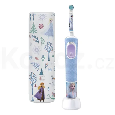 A blue electric toothbrush with Frozen characters and a matching travel case, displayed on a white background.