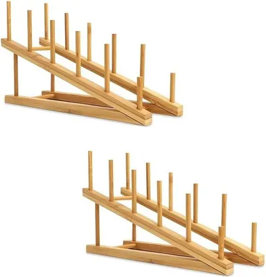 Produktbild von 2-teiliges Geschirrgestell aus Holz, Tellerhalter aus Bambus, Deckelhalter, Abtropfgestell für Geschirr, Schrankorganizer