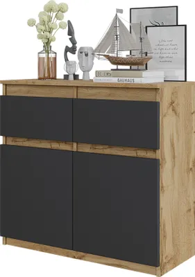 A product shot of a sideboard with decorative items on top.