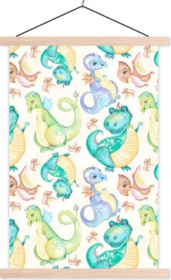 Produktbild von MuchoWow® Textilposter Dinosaurier - Aquarell - Kinder - Jungen - Mädchen - Kinder 120x180 cm mit holzfarbenen Rahmen - Textil-Plakat