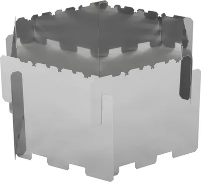 A silver metal camping stove accessory.