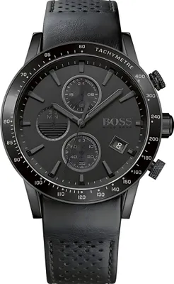 A close-up, studio shot of a black men's chronograph watch with a black leather strap.