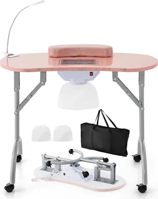 Produktbild von GOPLUS Maniküretisch faltbar, Nageltisch mit Absaugung, 3 Modi LED-Tischlampe, Tragetasche, tragbarer Schreibtisch auf Rädern für Nagelstudio (Rosa)