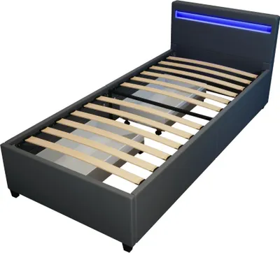 A dark gray bed frame with wooden slats and blue LED lighting on the headboard, shown from a diagonal angle against a white background.