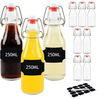 Zdjęcie produktu dla Butelki szklane z zakrętką, 10 sztuk, pojemność 250 ml - Szklane butelki - Do przechowywania płynów - Hermetyczne - Można myć w zmywarce - Wykonane z trwałego szkła