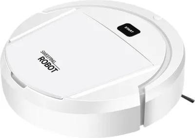 A white robot vacuum cleaner is shown from a slightly elevated angle against a white background.