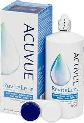 A box and a bottle of Acuvue RevitaLens multi-purpose disinfecting solution for soft contact lenses, along with two lens cases.