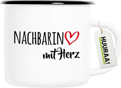 Produktbild von Huuraa Emaille Tasse Nachbarin mit Herz 300ml Vintage Campingbecher Geschenkidee