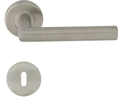A stainless steel door handle and escutcheon plate on a white background.