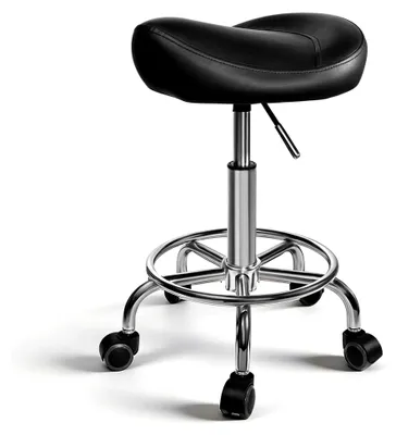 Produktbild von Höhenverstellbarer Sattelhocker mit Rollen, 360° Drehhocker, Ergonomischer Sattelstuhl bis 150 kg für Schönheitssalons, Büros, Labore und Kliniken in Schwarz