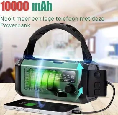 Zdjęcie produktu dla Radio z zasilaniem słonecznym i panelem słonecznym – akumulator 10 000 mAh – zasilanie słoneczne – latarka LED – radio kempingowe i survivalowe – stacja pogodowa, alarm SOS – radio awaryjne – kolor wojskowy zielony