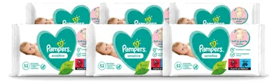 Image de 6 paquets de lingettes pour bébé Pampers Sensitive, contenant 52 lingettes chacun, pack économique - 6 pièces