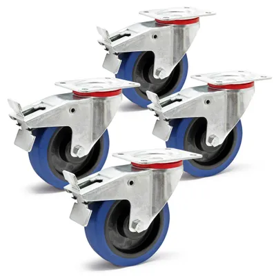 Obrázek produktu pro Sada otočných koleček Wiltec 4x transportní kolečko Ø160 mm do 300 kg na kolečko s plastovým kolečkem, brzdou a montážní deskou, tichý chod, transportní kolečka nábytková kolečka kolečka