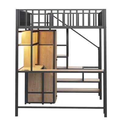 Produktbild von Flieks Etagenbett 140x200cm mit Kleiderschrank, Kinderbett Doppelbett mit Led & Stauraumtreppe, Hochbett mit Schreibtisch & Ladefunktion, Schwarz