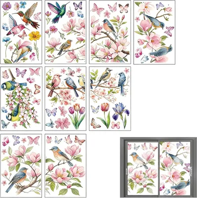 Produktbild von 9 Blätter mit 69 Stück Fensterbilder für den Frühling, selbstklebende Fenstersticker mit Blumen und Vögeln, statisch haftende Fensteraufkleber, Frühlingsdekoration für Fenster, kreative Glasaufkleber für die Fensterdekoration