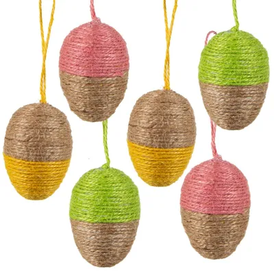 Produktbild von 6 Bunte Ostereier mit Jute umwickelt braun rosa gelb grün Osteranhänger 6 cm