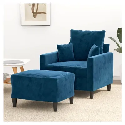 Produktbild von Blauer Samt Sessel mit Hocker, 60 cm Sitzbreite, Metallgestell, Bequeme Polsterung, Wohnzimmer Möbel Set
